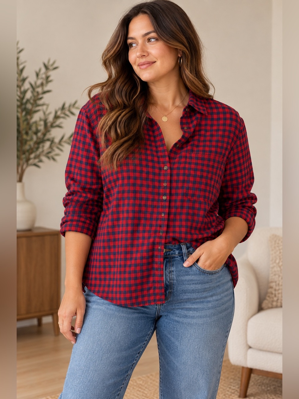 Frank & Oak Red Navy Gingham Plaid Cotton Button Down Shirt Large